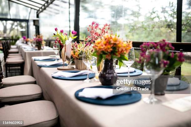 beautiful wedding reception venue - restaurant table stock pictures, royalty-free photos & images