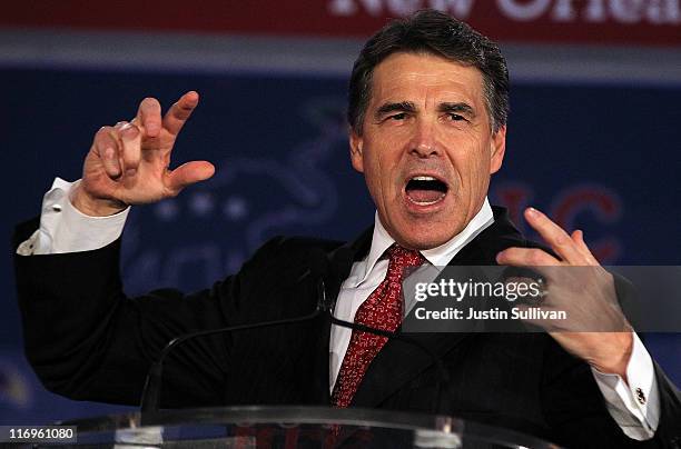 Texas governor Rick Perry speaks during the 2011 Republican Leadership Conference on June 18, 2011 in New Orleans, Louisiana. The 2011 Republican...