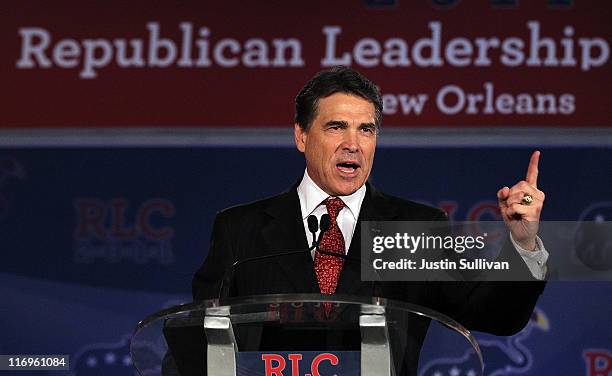 Texas governor Rick Perry speaks during the 2011 Republican Leadership Conference on June 18, 2011 in New Orleans, Louisiana. The 2011 Republican...