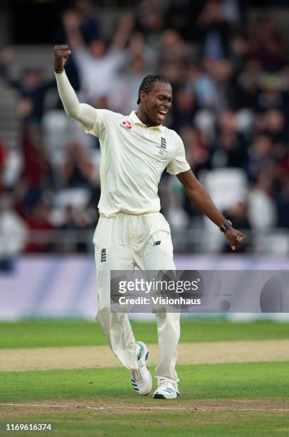 Jofra Archer of England celebrates getting his fifth wicket of the Australian innings during day one of the 3rd Ashes Test match between England and...