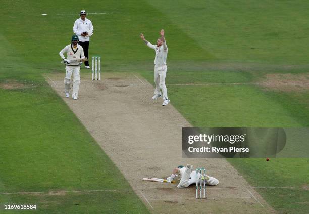 CBen Stokes of Englandcelebrates after taking the wicket of Marnus Labuschagne of Australia during Day One of the 3rd Specsavers Ashes Test match...