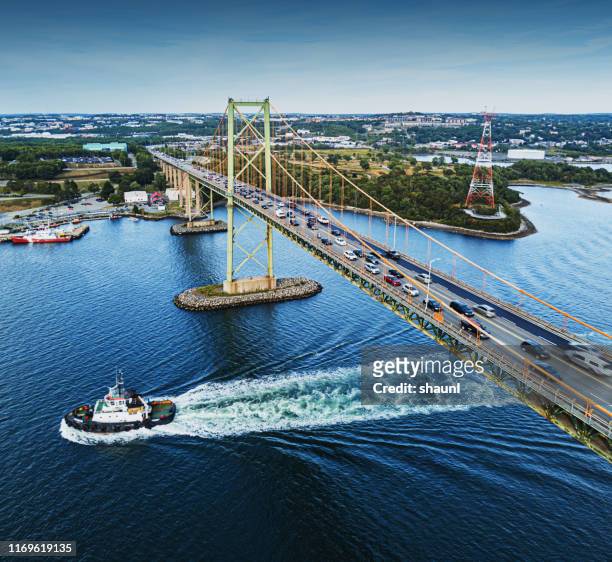 aerial view of mackay bridge - halifax harbour stock pictures, royalty-free photos & images