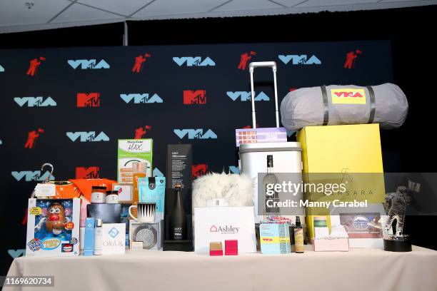 Contents of gift bag on display at the 2019 MTV Video Music Awards Press Junket at Prudential Center on August 22, 2019 in Newark, New Jersey.