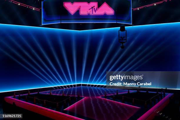 View of the stage at the 2019 MTV Video Music Awards Press Junket at Prudential Center on August 22, 2019 in Newark, New Jersey.