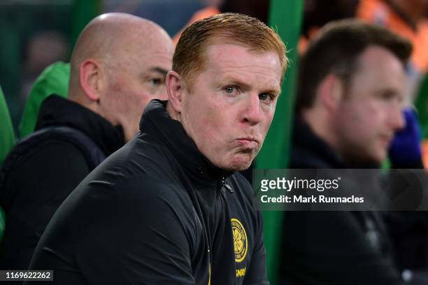 Celtic Manager Neil Lennon looks on prior to the UEFA Europa League Play Off First Leg match between Celtic and AIK at Celtic Park on August 22, 2019...