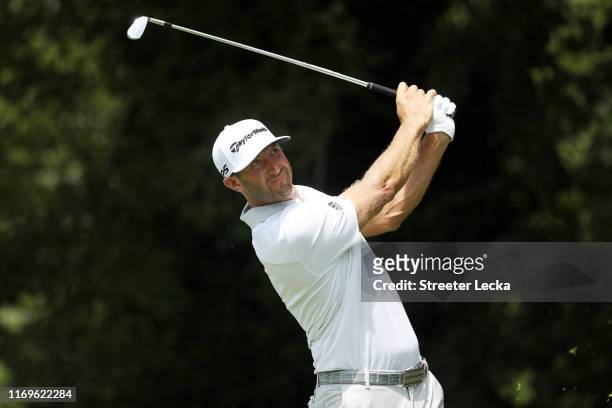 Dustin Johnson of the United States plays his shot from the second tee during the first round of the TOUR Championship at East Lake Golf Club on...