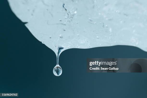 Meltwater drips from ice at an exposed portion of the Aletsch glacier on August 22, 2019 near Bettmeralp, Switzerland. At over 22km in length, the...