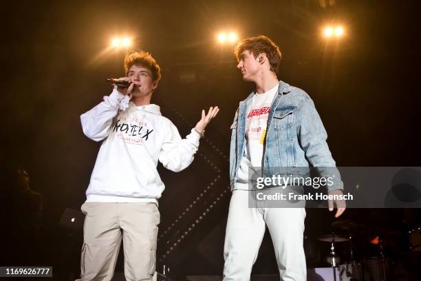 Roman Lochmann and Heiko Lochmann of the German duo Die Lochis perform live on stage during a concert at the Columbiahalle on September 19, 2019 in...