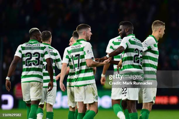 Celtic celebrate with Odsonne Edouard after he scored their second goal during the UEFA Europa League Play Off First Leg match between Celtic and AIK...