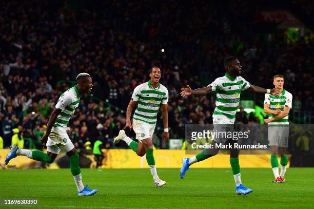 Odsonne Edouard of Celtic celebrates after he scored their second goal during the UEFA Europa League Play Off First Leg match between Celtic and AIK...