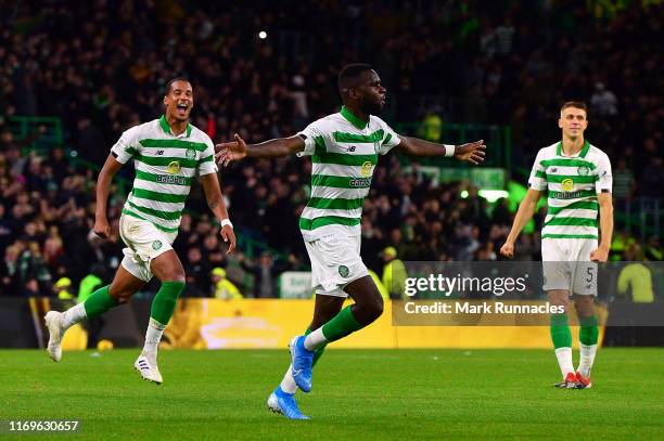 Odsonne Edouard of Celtic celebrates after he scored their second goal during the UEFA Europa League Play Off First Leg match between Celtic and AIK...