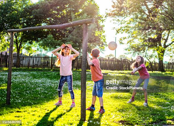 kinderen genieten in de natuur volleyballen - volleyball park stockfoto's en -beelden