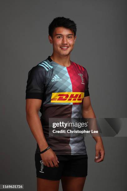 Marcus Smith of Harlequins during the Harlequins Squad Photo Call at Surrey Sports Park on August 21, 2019 in Guildford, England.