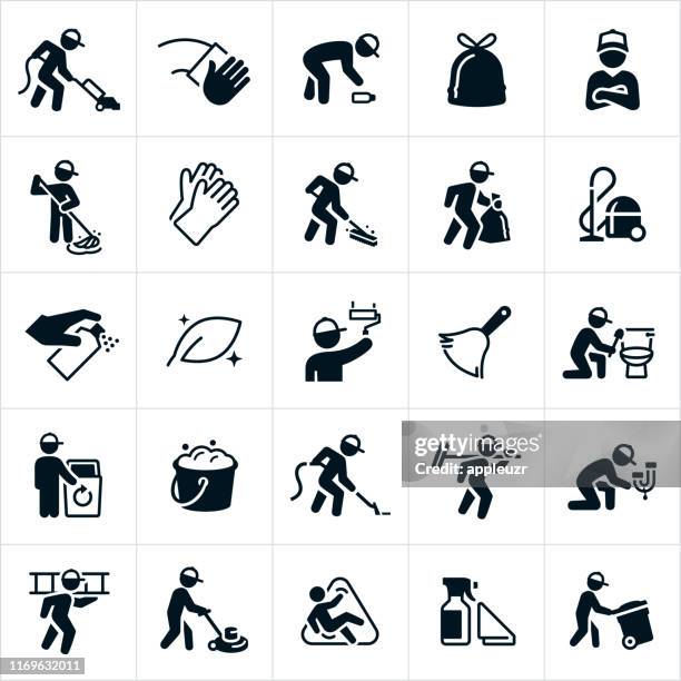 ilustraciones, imágenes clip art, dibujos animados e iconos de stock de iconos janitorial - escoba