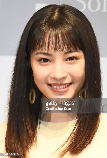 Actress Suzu Hirose attends the launch ceremony for iPhone 11/iPhone 11 Pro at Softbank Ginza store on September 20, 2019 in Tokyo, Japan.
