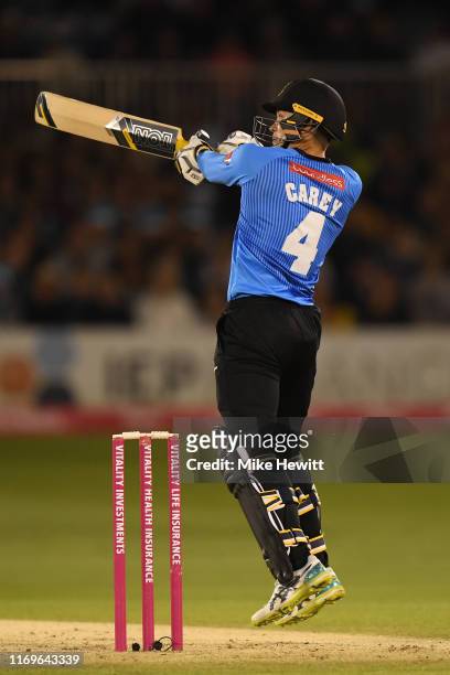 Alex Carey of Sussex Sharks hits the ball straight to Ravi Bopara of Essex Eagles during the Vitality T20 Blast match between Sussex Sharks and Essex...