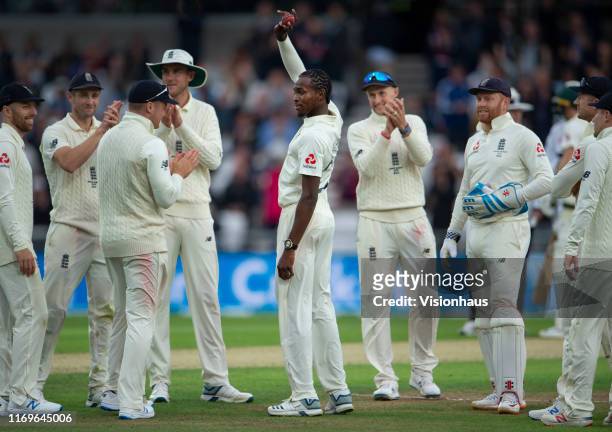 Jofra Archer of England after the ball aloft after getting his fifth wicket during day one of the 3rd Ashes Test match between England and Australia...