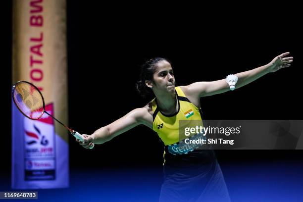 Saina Nehwal of India competes in the Women's Singles third round match against Mia Blichfeldt of Denmark during day four of the Total BWF World...