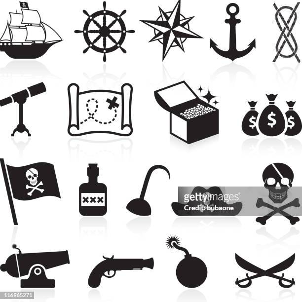 pirate black and white royalty free vector icon set - anchor hat stock illustrations