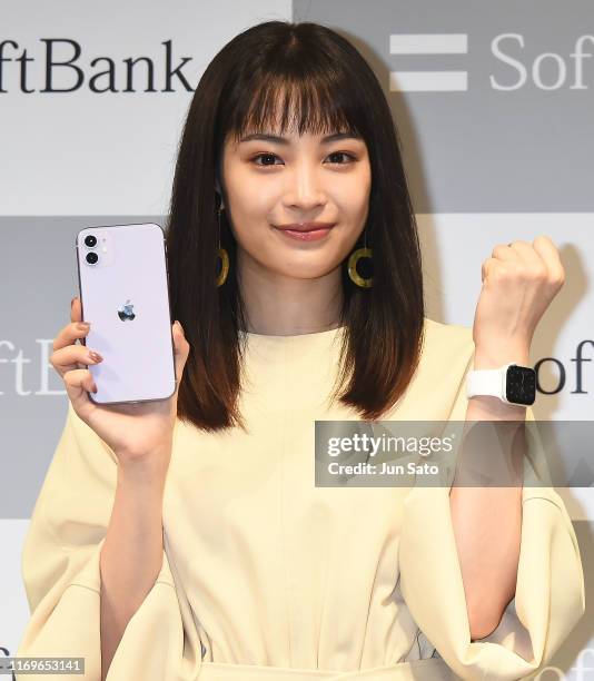 Actress Suzu Hirose attends the launch ceremony for 'iPhone 11/iPhone 11 Pro' at Softbank Ginza store on September 20, 2019 in Tokyo, Japan.