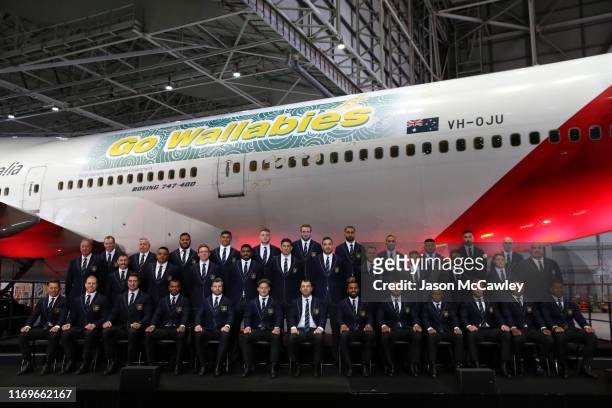 Wallabies pose for a team photo during the Australian Wallabies Rugby World Cup squad announcement at Hangar 96 on August 23, 2019 in Sydney,...