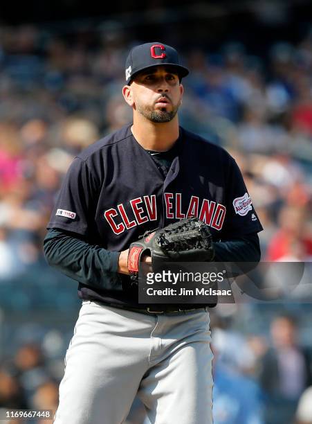 Oliver Perez of the Cleveland Indians in action against the New York Yankees at Yankee Stadium on August 18, 2019 in New York City. The Indians...