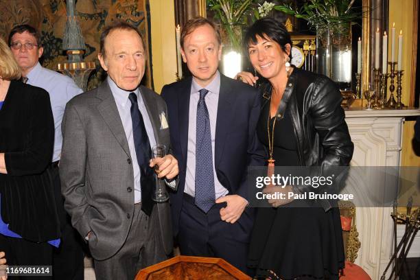 Anthony Haden-Guest, Geordie Greig and Ghislaine Maxwell attend BREAKFAST WITH LUCIAN by Geordie Greig at Private Residence on October 21, 2013 in...