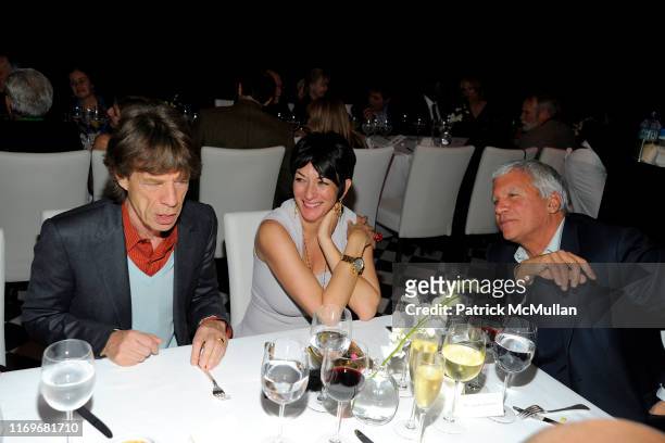 Mick Jagger, Ghislaine Maxwell and Larry Gagosian attend Ed Ruscha PSYCHO SPAGHETTI WESTERNS Opening Dinner at Mr. Chow on February 24, 2011 in...