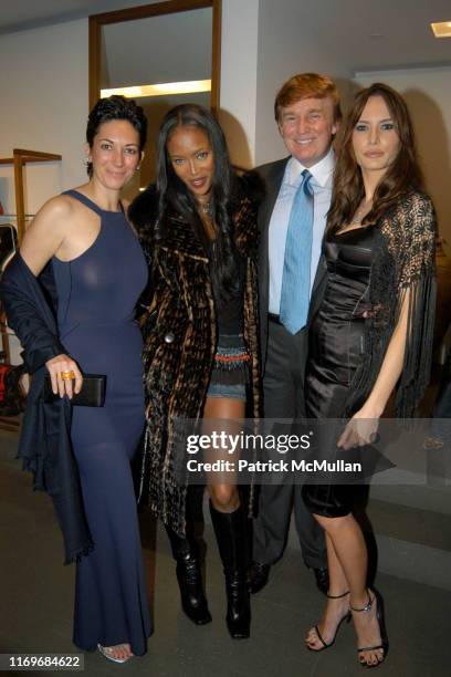 Ghislaine Maxwell, Naomi Campbell, Donald Trump and Melania Knauss attend Dolce & Gabbana Opening at Dolce & Gabbana on November 11, 2002 in New York...