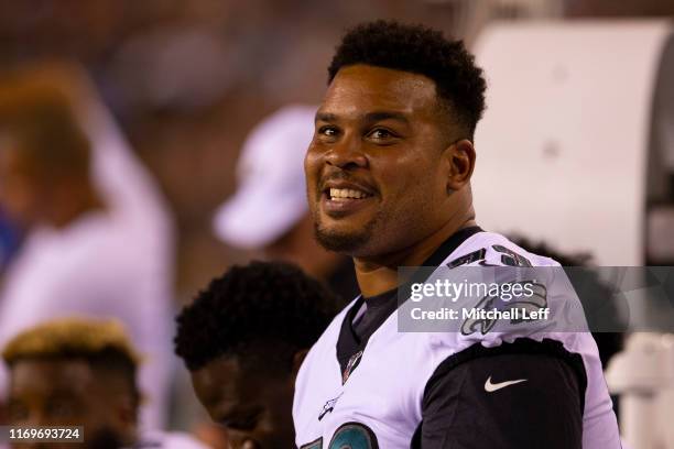 Brandon Brooks of the Philadelphia Eagles reacts from the bench against the Baltimore Ravens in the preseason game at Lincoln Financial Field on...