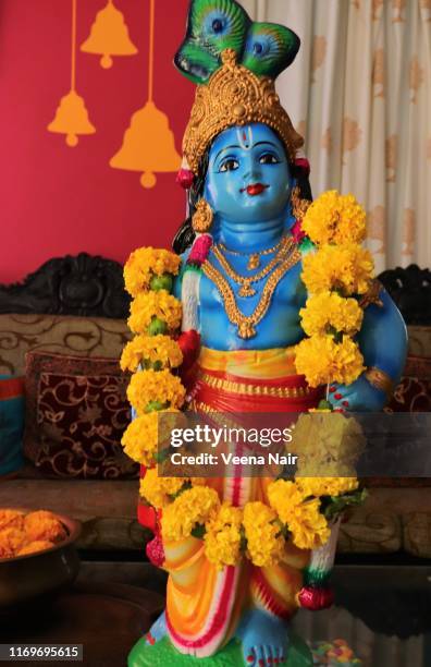 idol of lord krishna with marigold flowers/krishna janmashtami celebrations/indian festival - krishna janmashtami stock pictures, royalty-free photos & images
