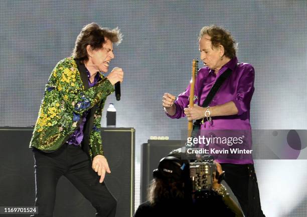Mick Jagger and Keith Richards of The Rolling Stones perform onstage at Rose Bowl on August 22, 2019 in Pasadena, California.