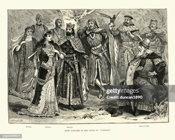 stockillustraties, clipart, cartoons en iconen met kostuums voor de opera, ivanhoe. richard i, rebecca, 1891 - ivanhoe