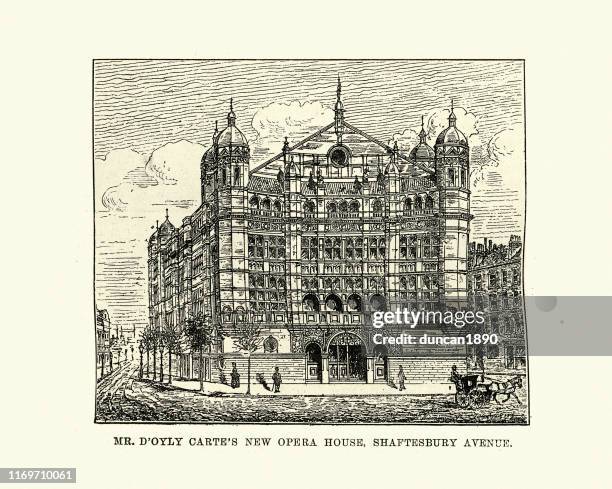 d'oyly carte opera house, shaftesbury avenue, london, 1891 - soho london stock illustrations