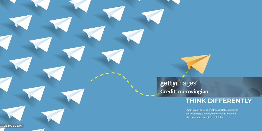 Flying paper airplanes. Think differently, leadership, trends, creative solution and unique way concept. Be different.