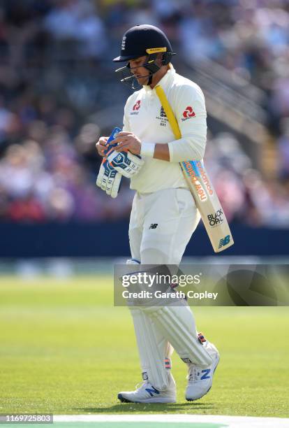 Jason Roy of England leaves the field after being dismissed by Josh Hazlewood of Australia during day two of the 3rd Specsavers Ashes Test match...