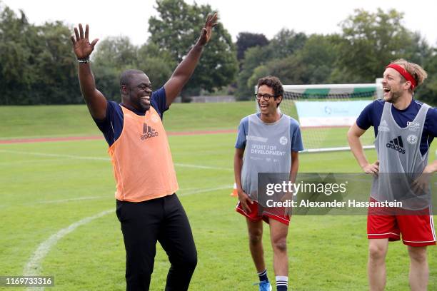 Gerald Asamoah attends a practical session during the International Expert Training at Sport School Oberhaching on August 23, 2019 in Oberhaching,...