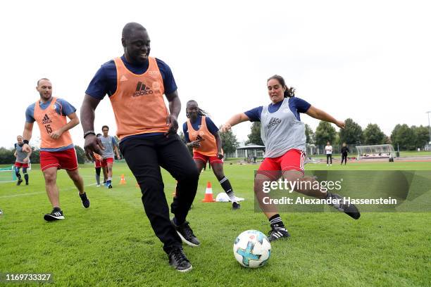 Gerald Asamoah attends a practical session during the International Expert Training at Sport School Oberhaching on August 23, 2019 in Oberhaching,...