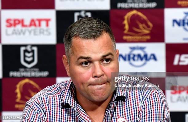 Coach Anthony Seibold of the Broncos speaks at a press conference after the round 23 NRL match between the Brisbane Broncos and the South Sydney...