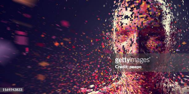 multi-coloured squares in mid air gathering to form person - intelligence abstract stock pictures, royalty-free photos & images