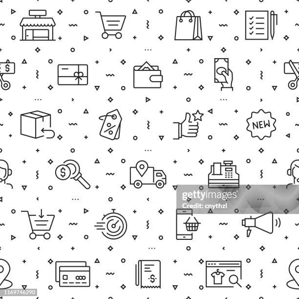 stockillustraties, clipart, cartoons en iconen met vector set van ontwerpsjablonen en elementen voor het winkelen in trendy lineaire stijl-naadloze patronen met lineaire pictogrammen in verband met winkelen-vector - winkelcentrum
