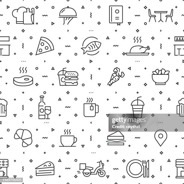 ilustrações de stock, clip art, desenhos animados e ícones de vector set of design templates and elements for restaurant and food in trendy linear style - seamless patterns with linear icons related to restaurant and food - vector - people lunch