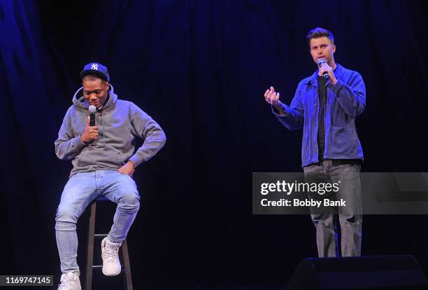 Michael Che and Colin Jost perform at Colin Jost, Michael Che And Friends: A Comedy Show To Benefit The Staten Island Museum at St George Theatre on...