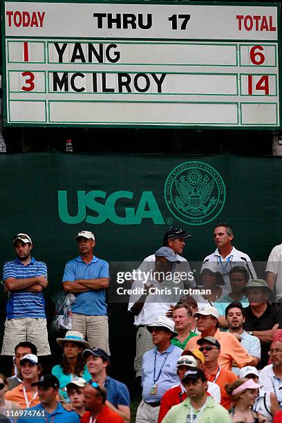 The scores in relation to par of Rory McIlroy and Y.E. Yang are seen during the third round of the 111th U.S. Open at Congressional Country Club on...