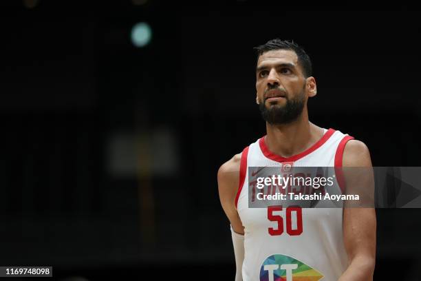 Salah Mejri of Tunisia reacts during the Basketball International Games between Germany and Tunisia at Saitama Super Arena on August 23, 2019 in...