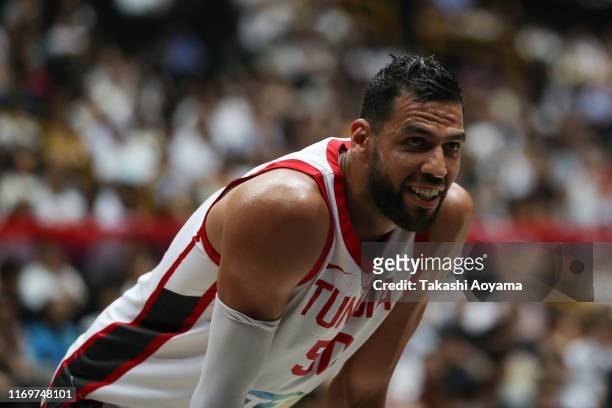 Salah Mejri of Tunisia reacts during the Basketball International Games between Germany and Tunisia at Saitama Super Arena on August 23, 2019 in...