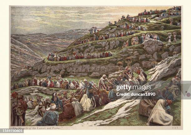 miracle of the loaves and the fishes - squashed bread stock illustrations