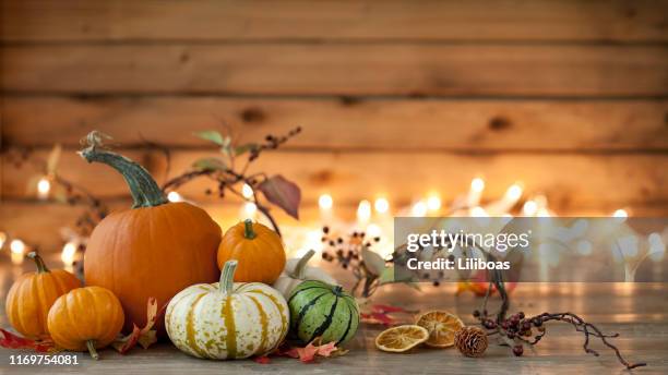 autumn pumpkin arrangement on a wood background - pumpkins stock pictures, royalty-free photos & images