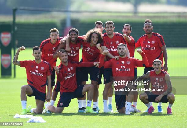 Arsenal players after a training session at London Colney on August 23, 2019 in St Albans, England.