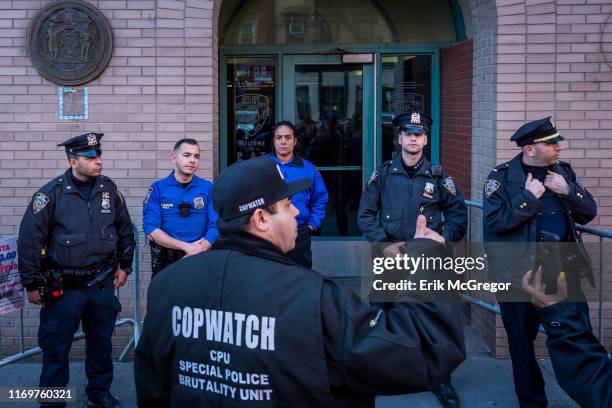 Protesters outside Psa7 precinct - Police accountability advocates gathered in the Bronx on April 3, 2019 in solidarity with Copwatcher Jose LaSalle...